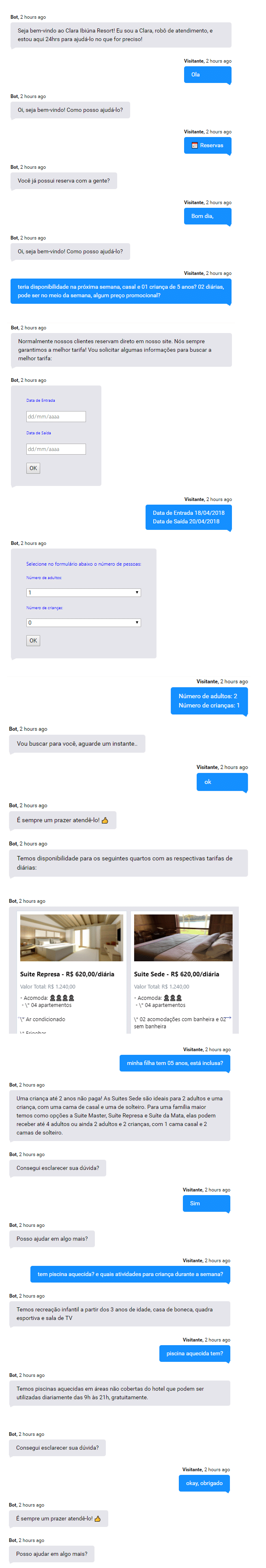 Exemplo de um atendimento via chatbot com um viajante