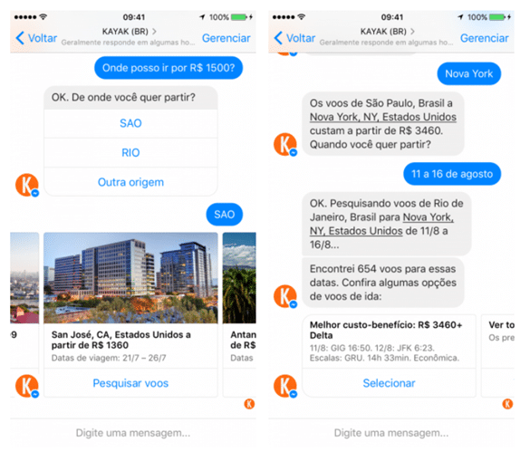 Cliente conversa com o chatbot da empresa Kayak.