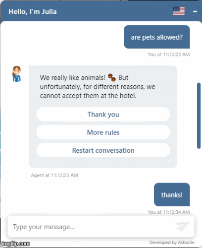 hotel chatbot answering a question