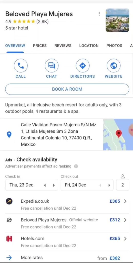 Hotel Search on Google