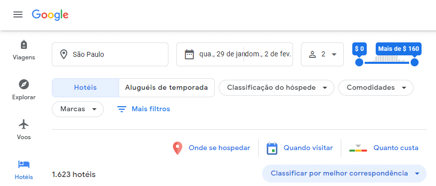 Captura de tela das novas funcionalidades do Google Travel