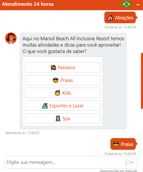Conversa com o chatbot do hotel Marsol Beach Resort.