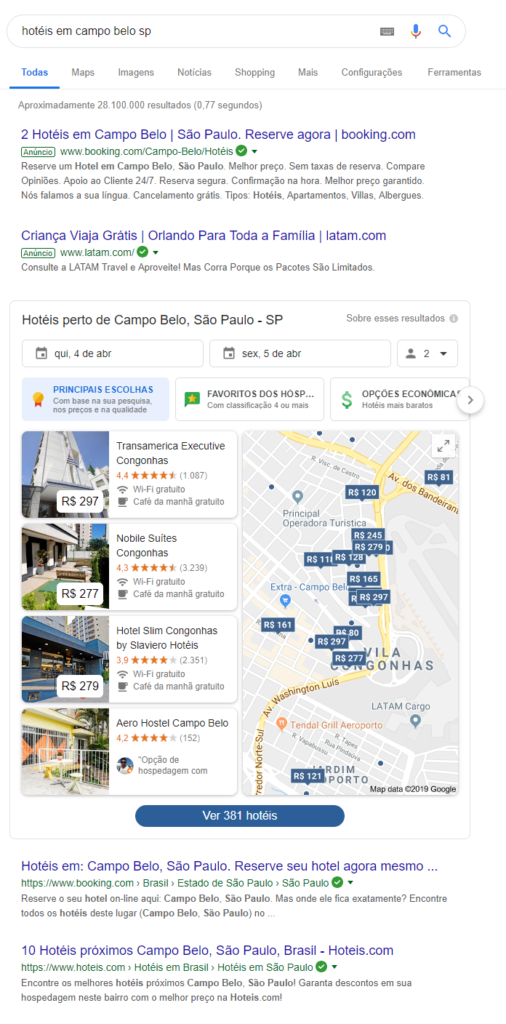 Resultados da pesquisa orgânica do hotel