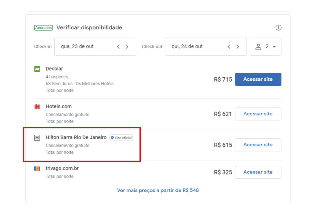 Resultados de preços no Hotel Search