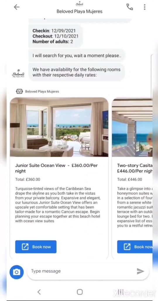 hotel showing a room qupte on google chat