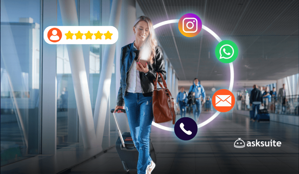 Woman in airport happy with her guest experience via celphone